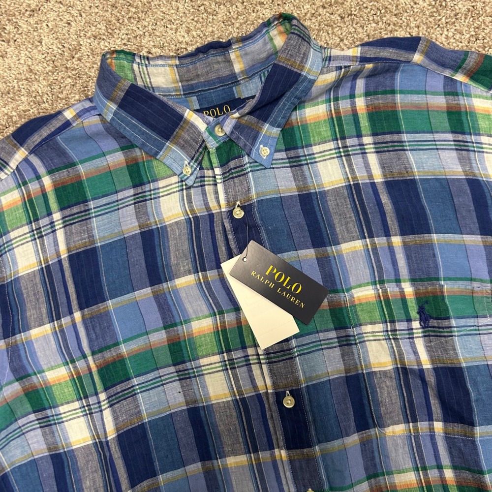 NWT Polo Ralph Lauren Button Down Plaid Linen Shirt Men‎ Size 2XB Blue Green